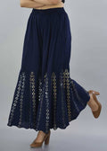 Navy blue palazzo pants with decorative mirror flower work detail