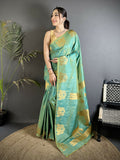 Sea green soft silk Banarasi saree featuring elegant zari motifs and matching blouse.