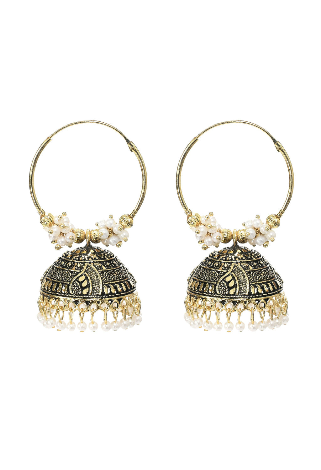 Traditional golden designer Jhumka earrings for women with black and white decorative accents