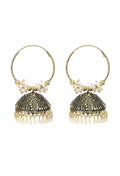 Traditional golden designer Jhumka earrings for women with black and white decorative accents