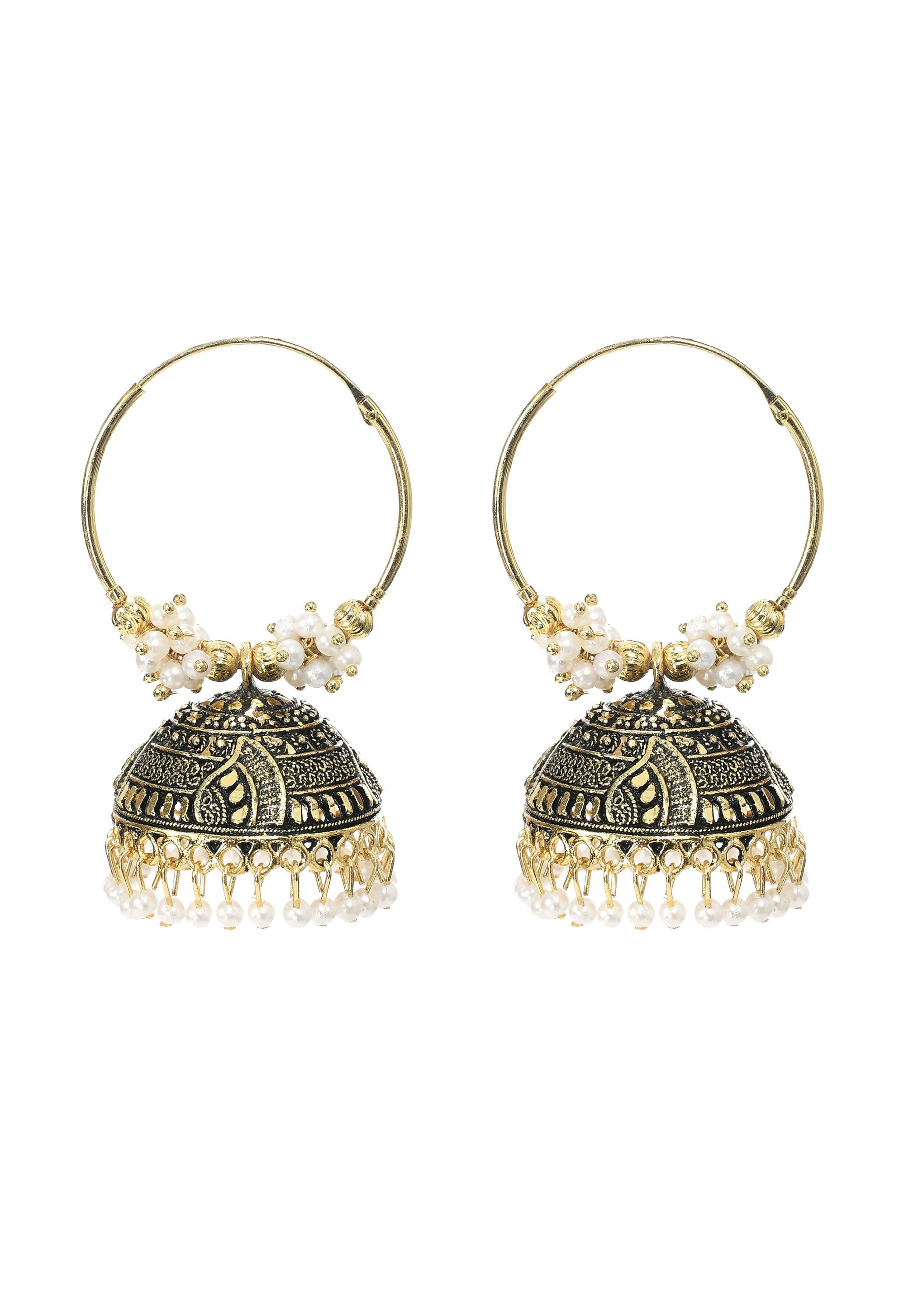 Traditional golden designer Jhumka earrings for women with black and white decorative accents