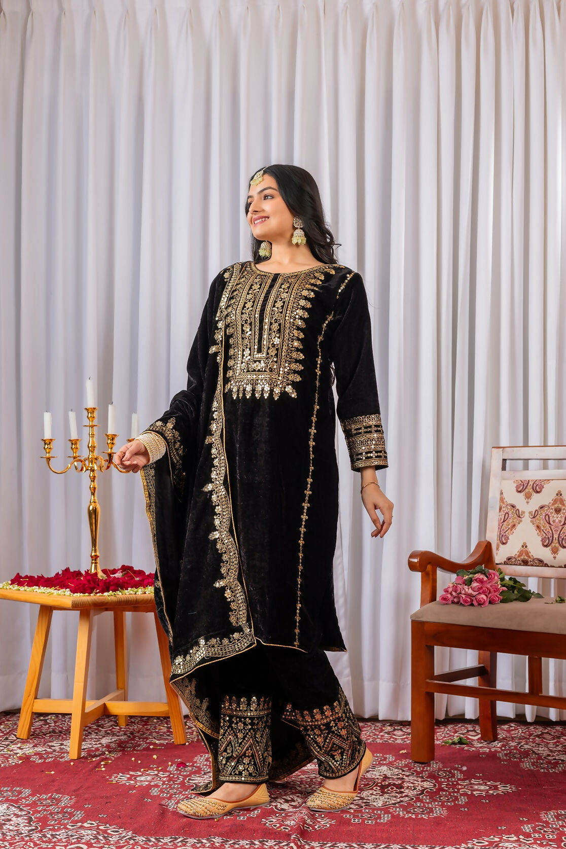 Black Velvet Kurta Set with Intricate Sequence Embroidery