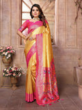 Yellow Banarasi tissue silk saree with intricate traditional weaving.