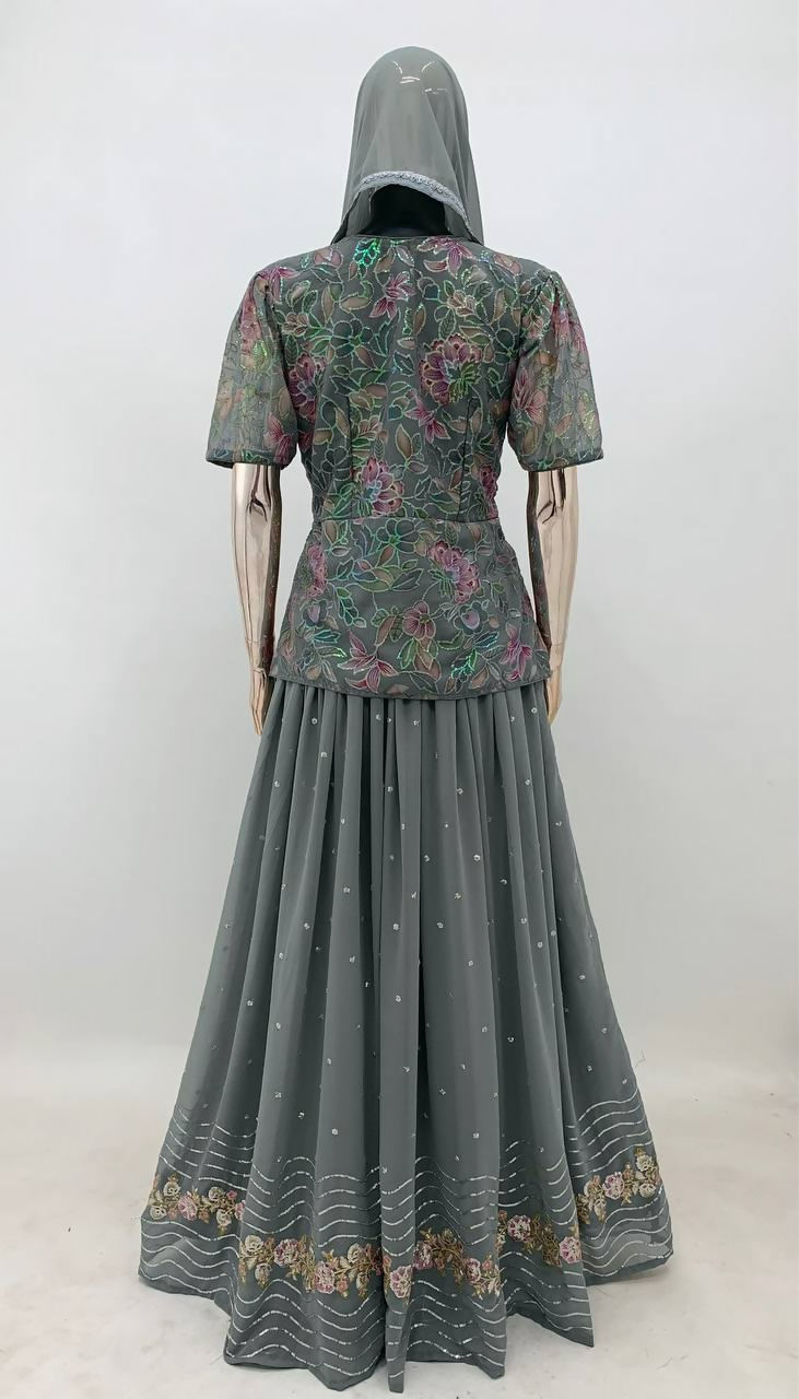 Grey Faux Georgette Embroidered Salwar Lehenga with Sequin Work