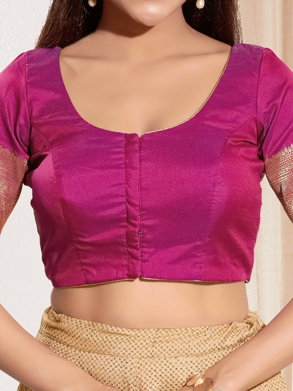 Joban Fashion Purple Taffeta Silk Padded Blouse With Round Neck Elbow Sleeves