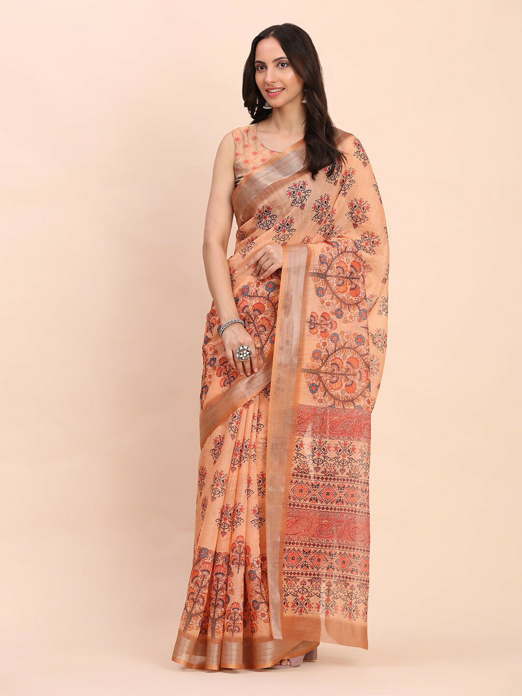 Orange Linen Cotton Saree with Matching Blouse Piece