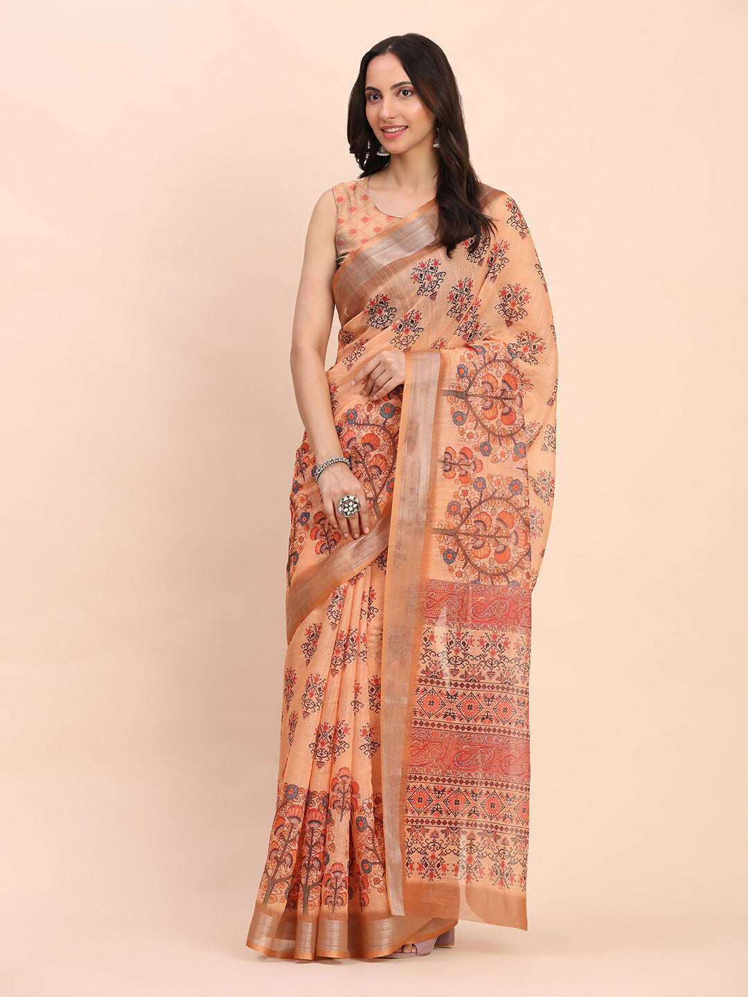 Orange Linen Cotton Saree with Matching Blouse Piece