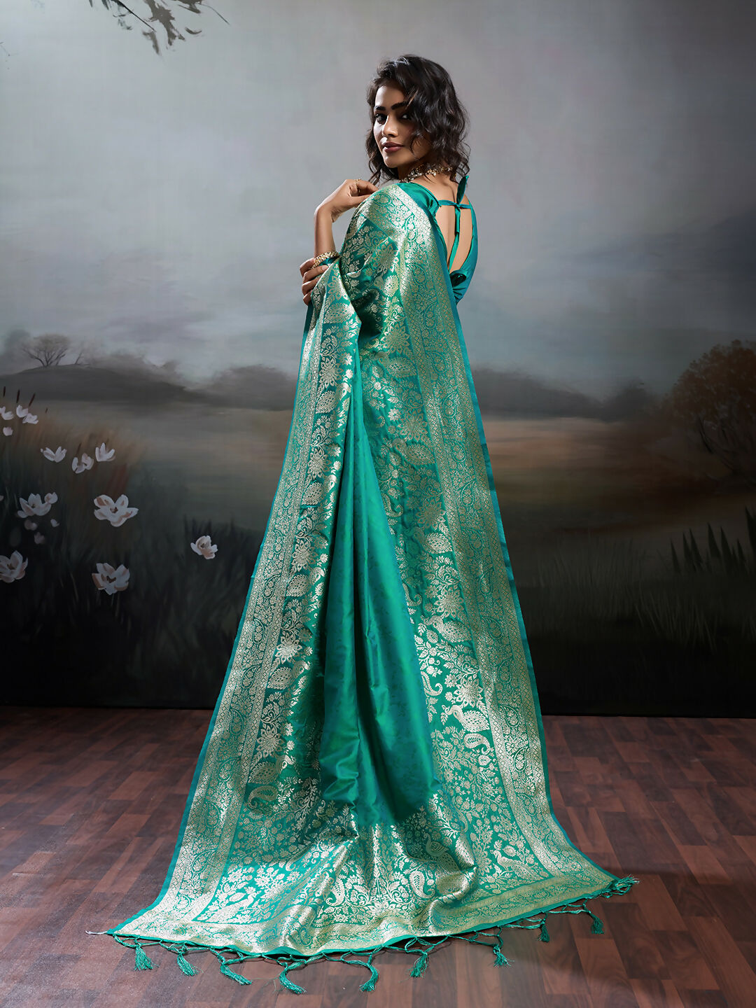 Rama Silk Blend Saree with Metallic Gold Zari Border Traditional