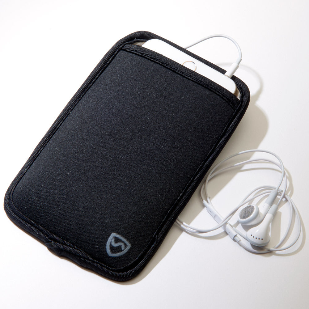 Black EMF protection phone pouch showing one-sided shielding design
