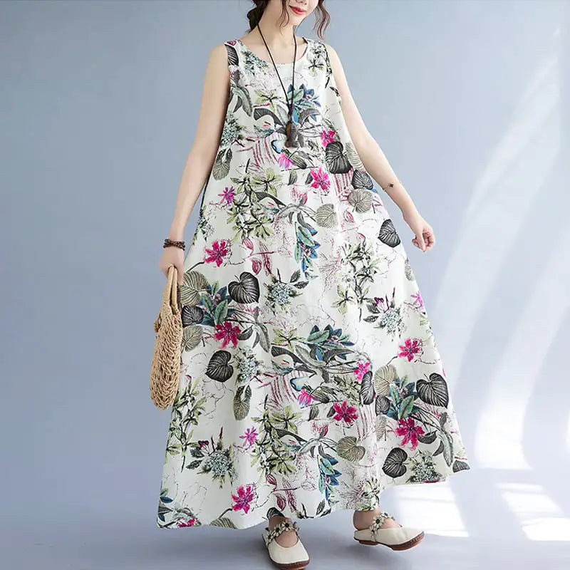 Women's Floral Print Cotton Linen Sleeveless A-Line Maxi Dress - Image 16