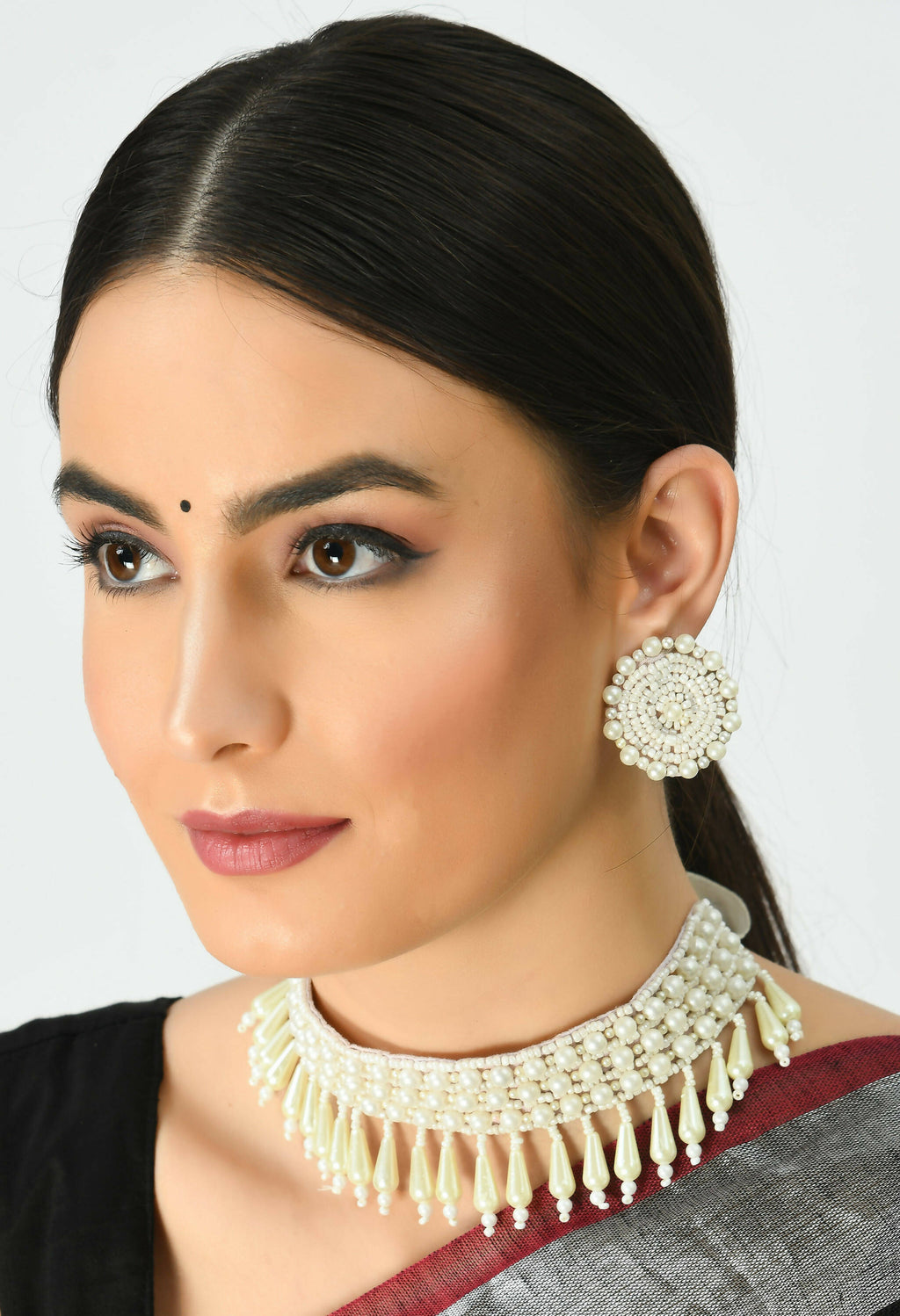 Off White Pearl Choker Necklace and Earrings Handicraft Set