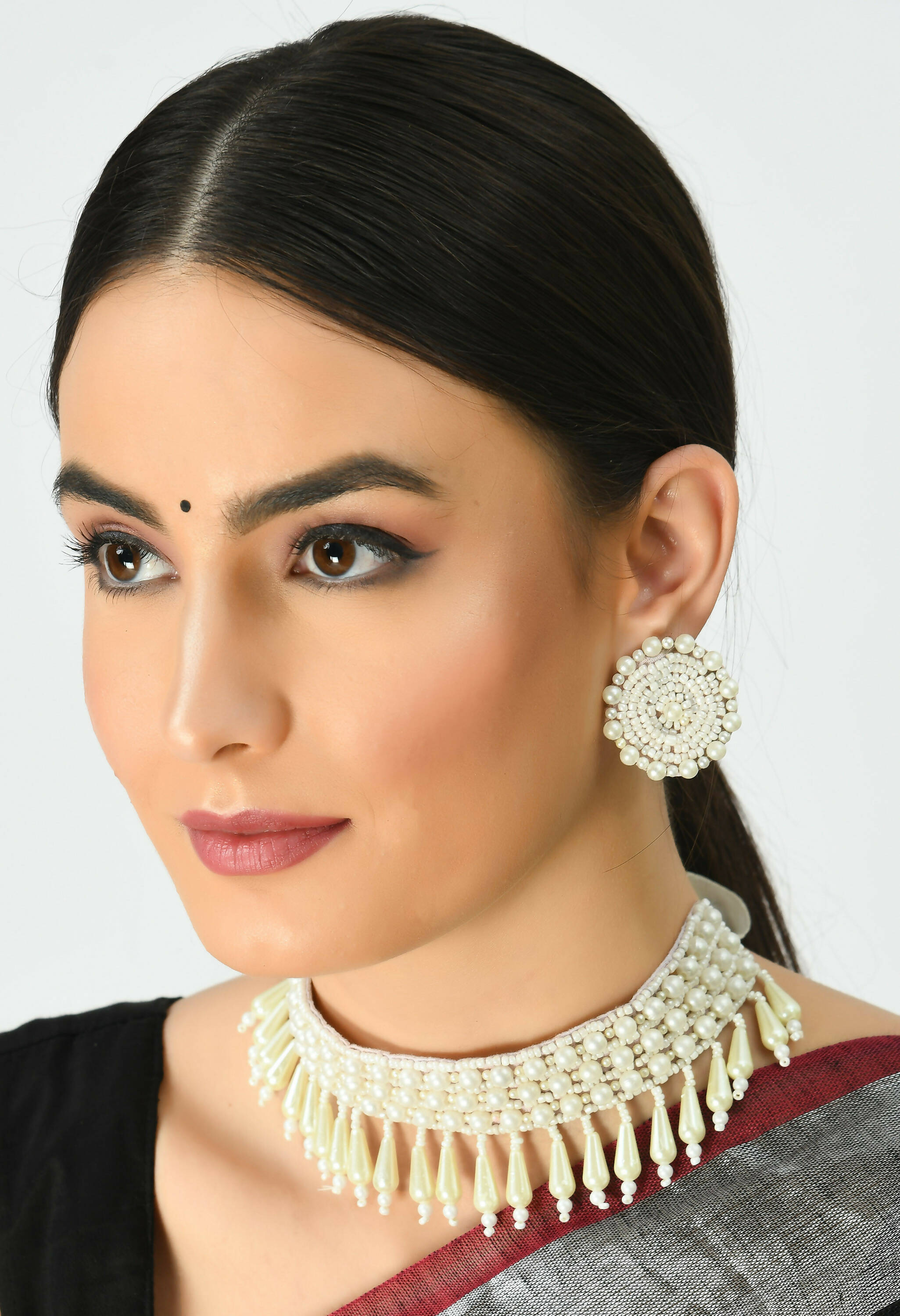 Off White Pearl Choker Necklace and Earrings Handicraft Set