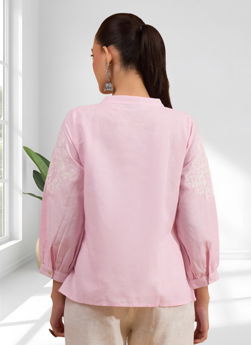 Pink Embroidered Cotton Linen Tunic with Split V-Neck