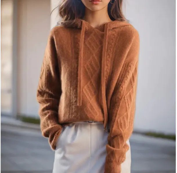 Women's Cozy Hooded Cable Knit Sweater Long Sleeve Pullover - Image 5