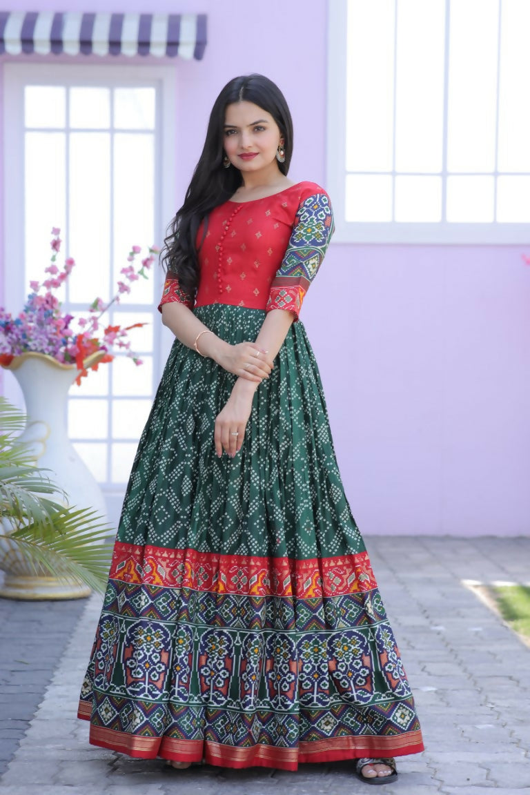 Bottle green Dola silk Anarkali dress with geometric Patola and foil print details