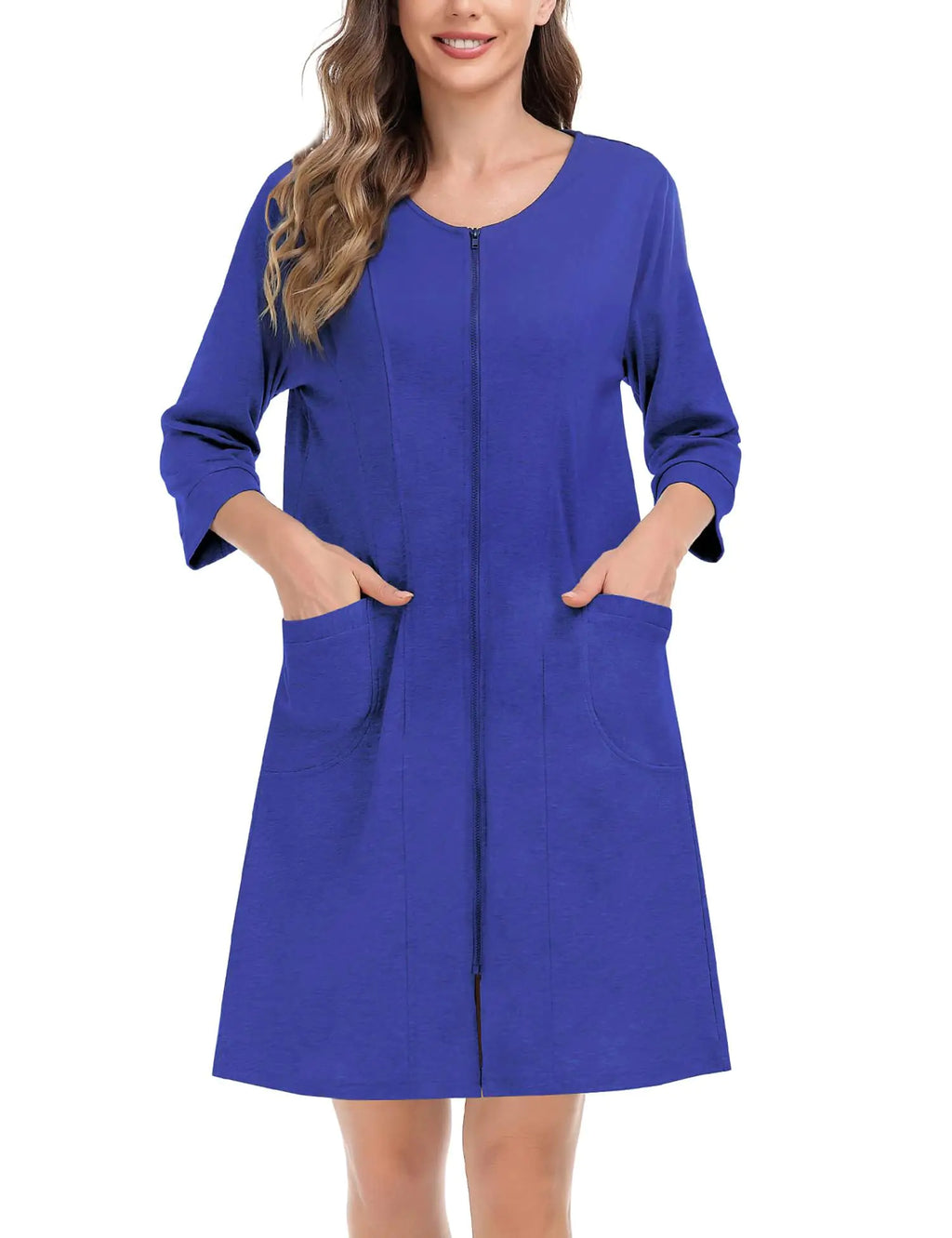SWOMOG Women Half Sleeve Zipper Front Nightgown Nightshirt Lightweight Housecoat Soft Cotton Loungewear with Pockets (Bright blue X-Large)