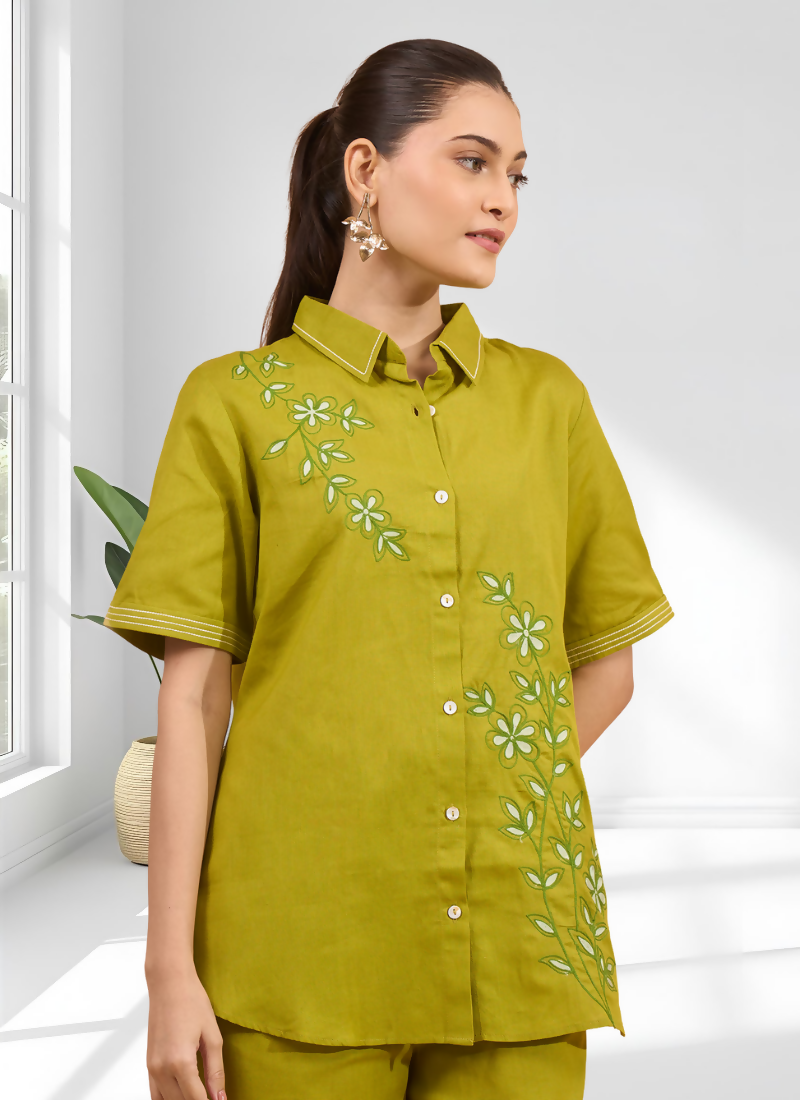 Green Cotton Linen Embroidered Cord Set for Festive Casual Wear
