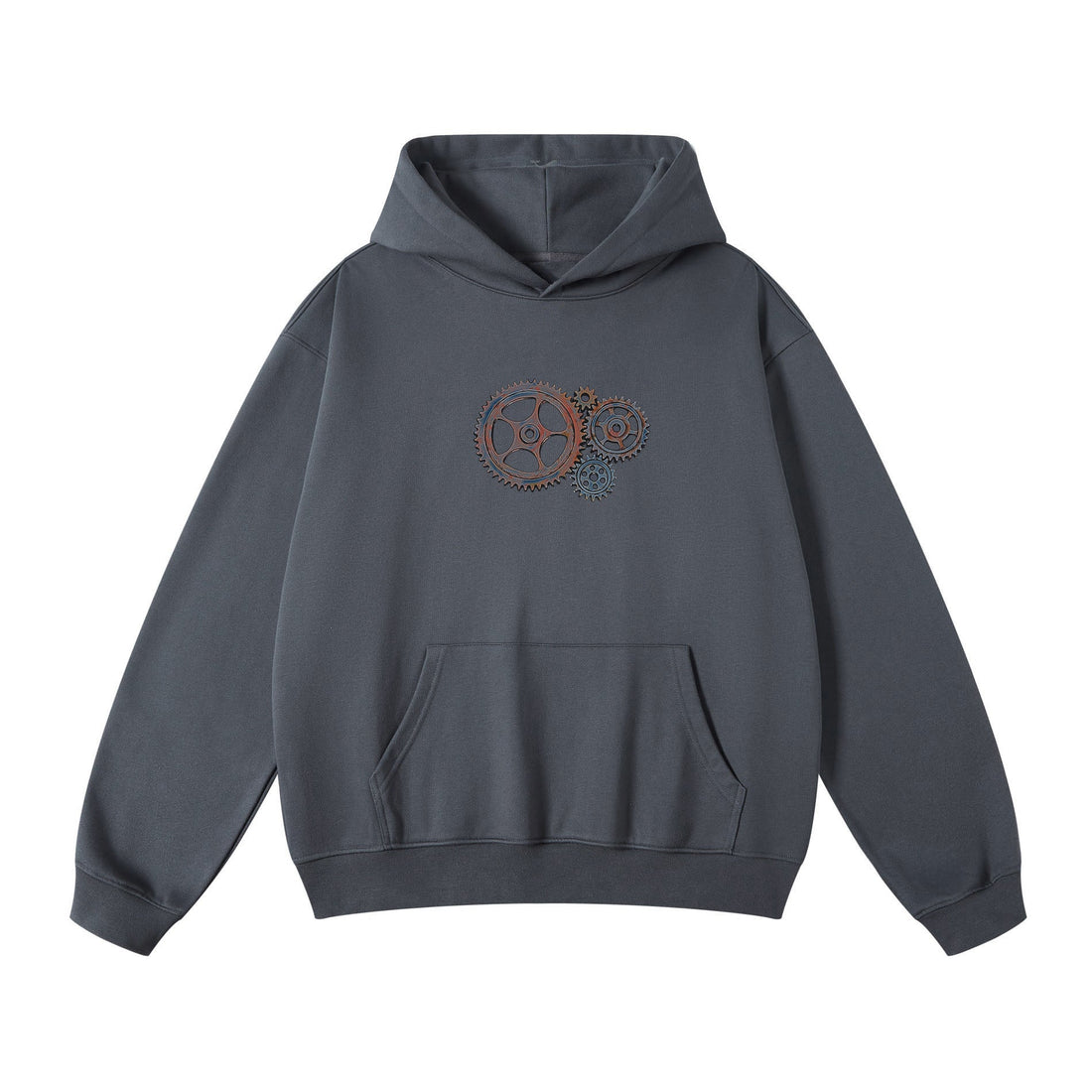 Charcoal grey men's hoodie featuring an industrial gear print design