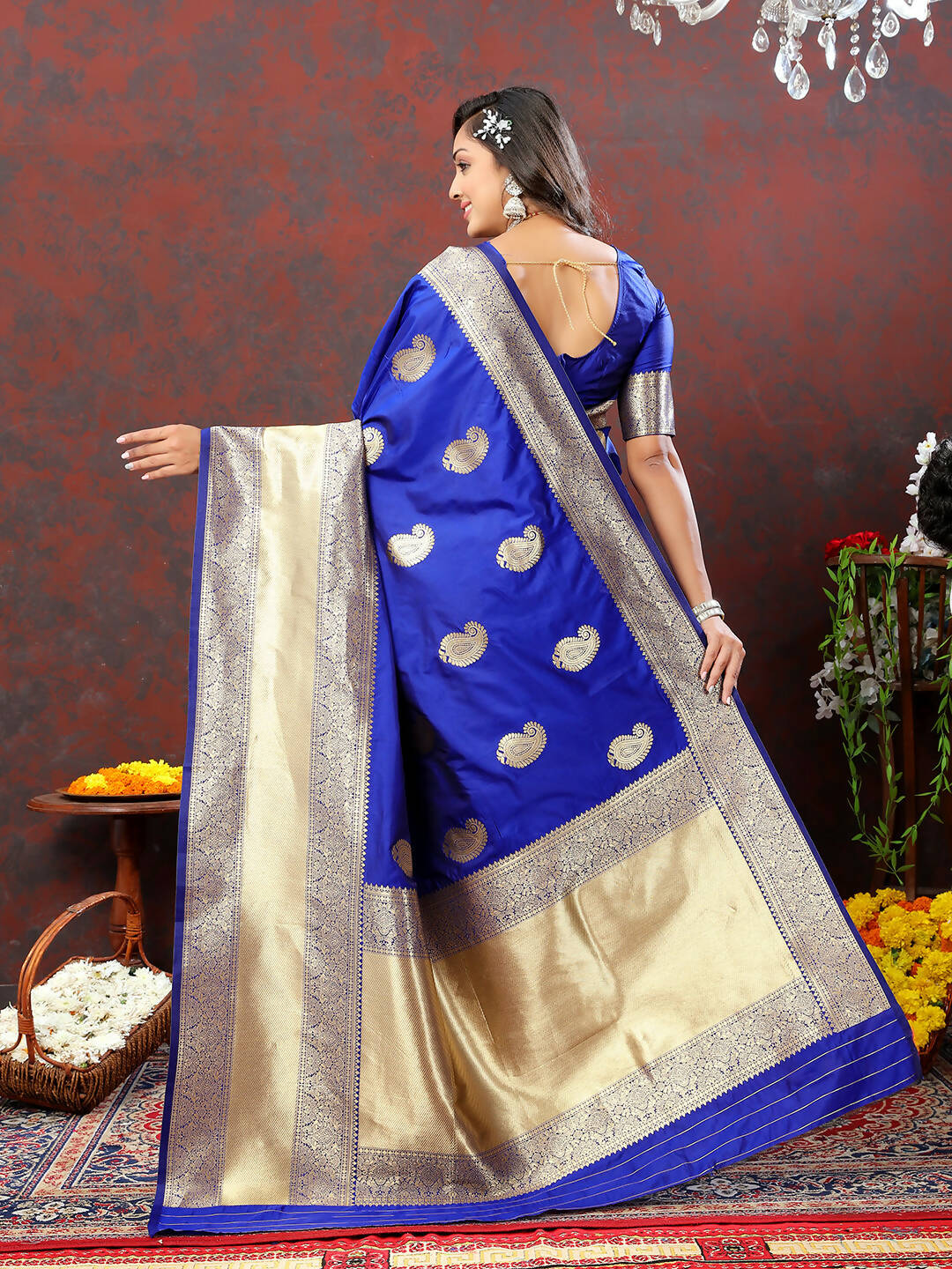Blue Soft Silk Saree with Traditional Gold Zari Weaving Design