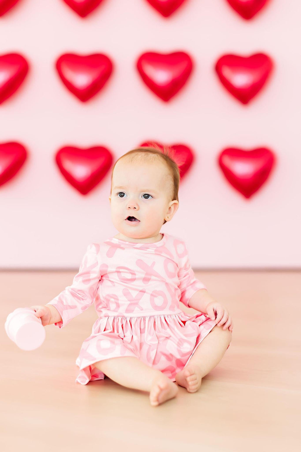 XOXO 3/4 Sleeve Twirl Bodysuit for Baby Girls in Pink