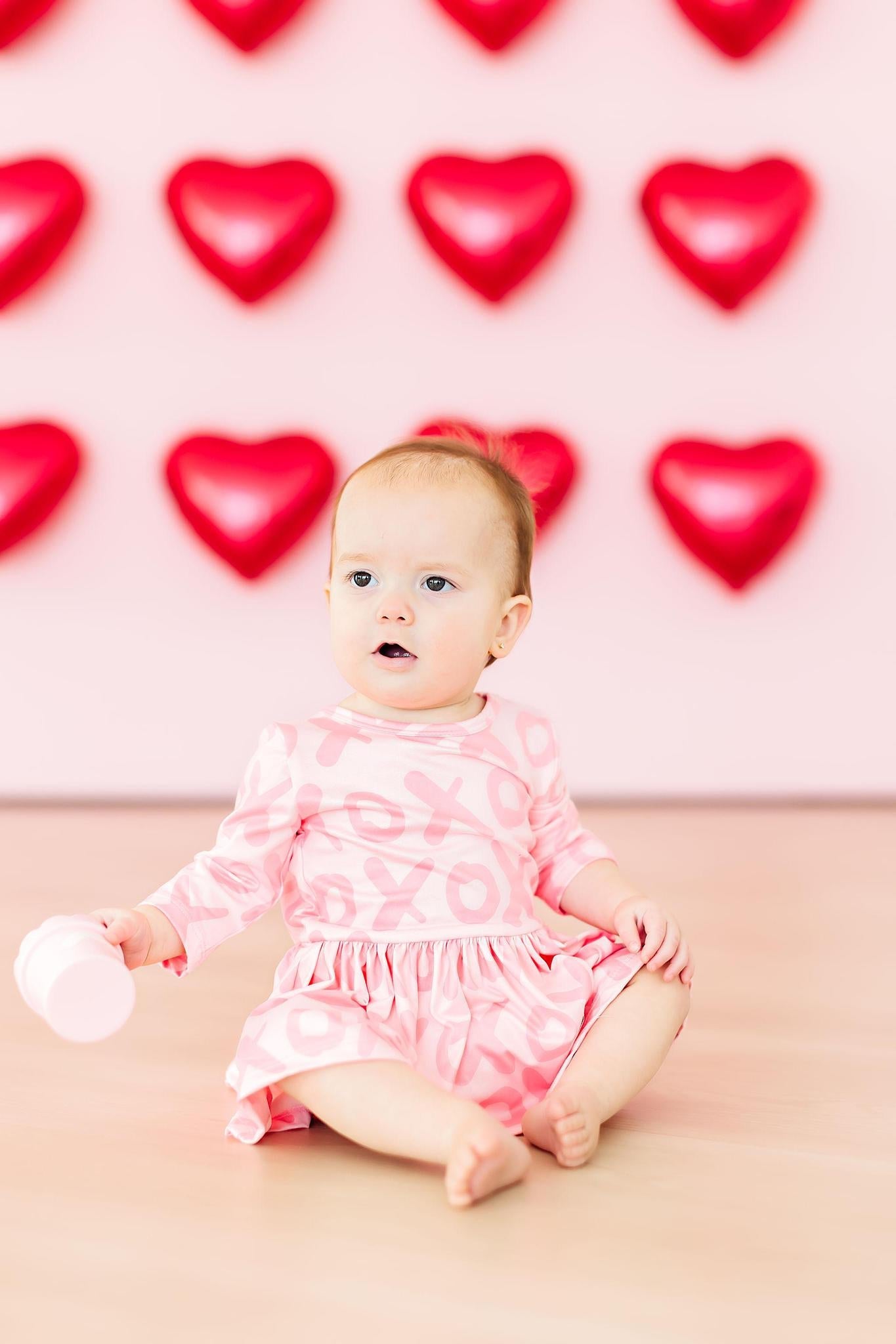 XOXO 3/4 Sleeve Twirl Bodysuit for Baby Girls in Pink