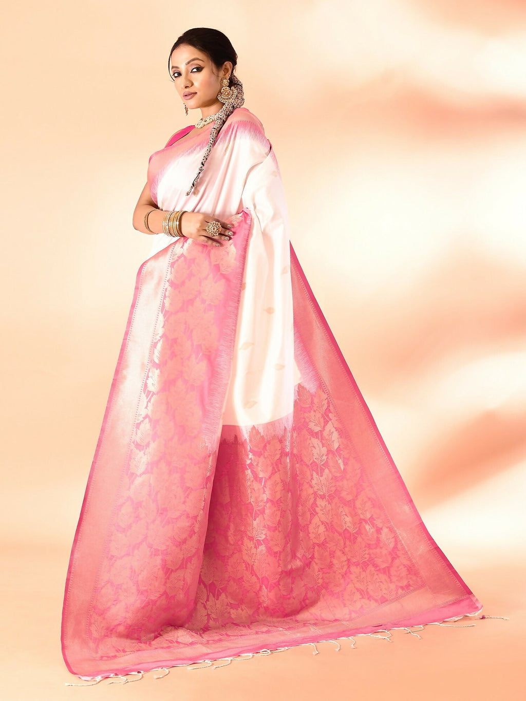 White & Rani Pink Plain Banarasi Silk Saree with Weaving Border