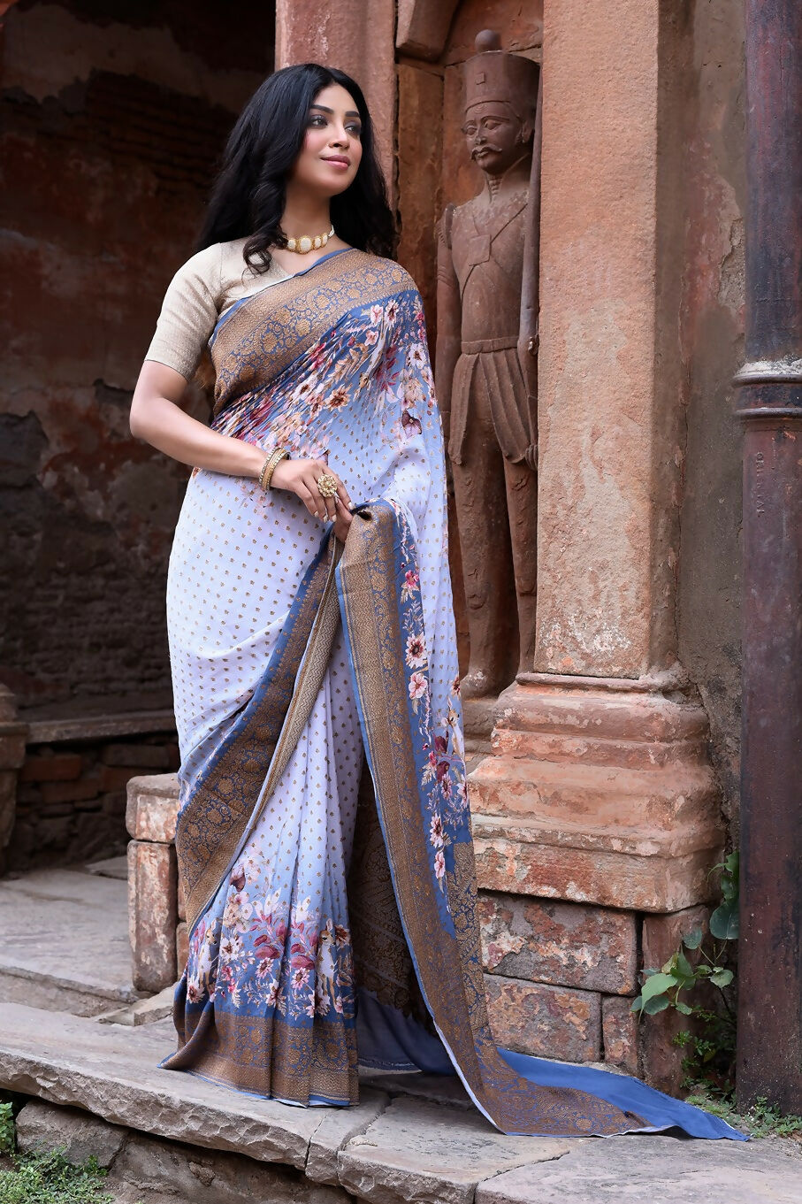 Dusty Blue Crepe Chiffon Pure Handloom Banarasi Silk Saree