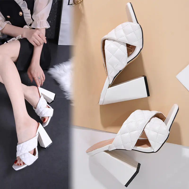 Plaid Chunky Heels with Cross Strap Design