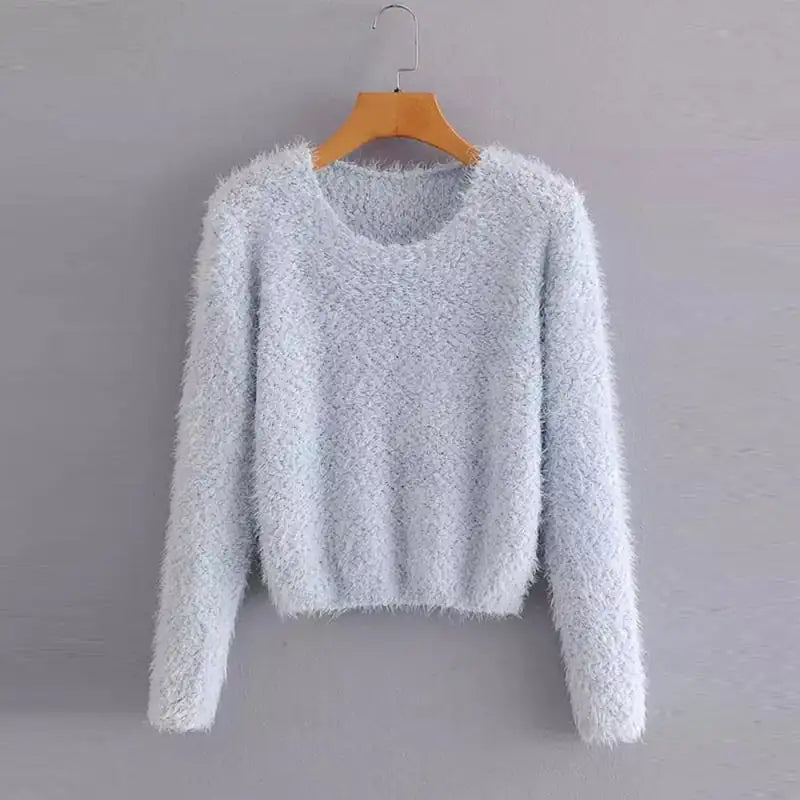 Women's Fuzzy Round Neck Pullover Sweater Soft Knit Long Sleeve - Image 7
