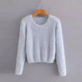Women's Fuzzy Round Neck Pullover Sweater Soft Knit Long Sleeve - Image 7