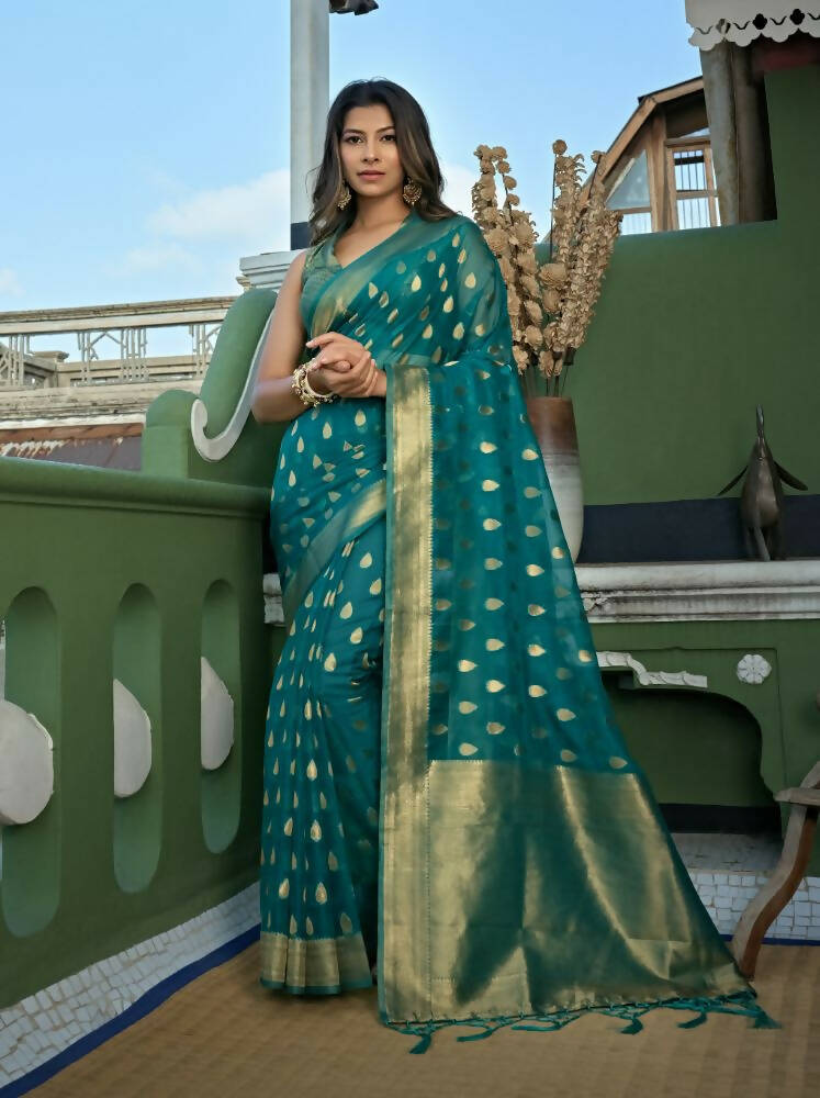 Turquoise Organza Silk saree with delicate weaving work and tassel border