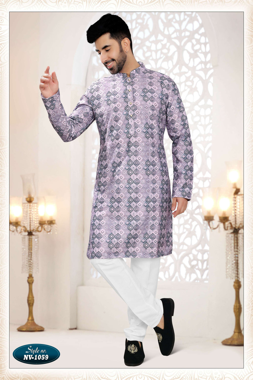 Men's purple straight kurta set with all-over intricate silk thread embroidery