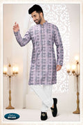 Men's purple straight kurta set with all-over intricate silk thread embroidery