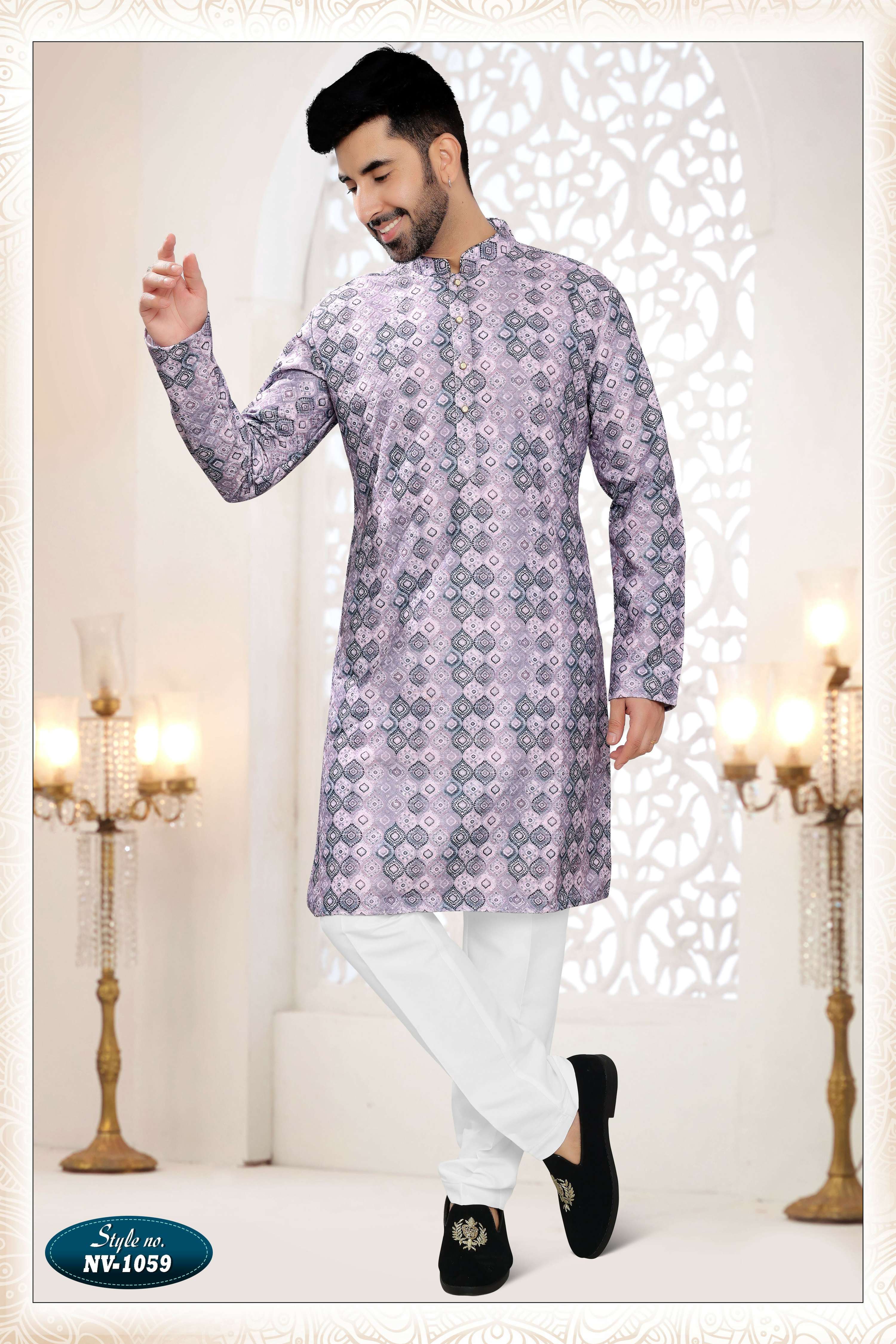 Men's purple straight kurta set with all-over intricate silk thread embroidery