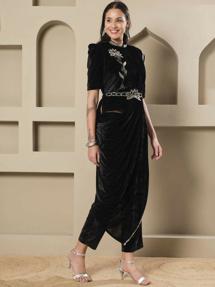 Black Velvet Hand Embellished Long Kurta Set