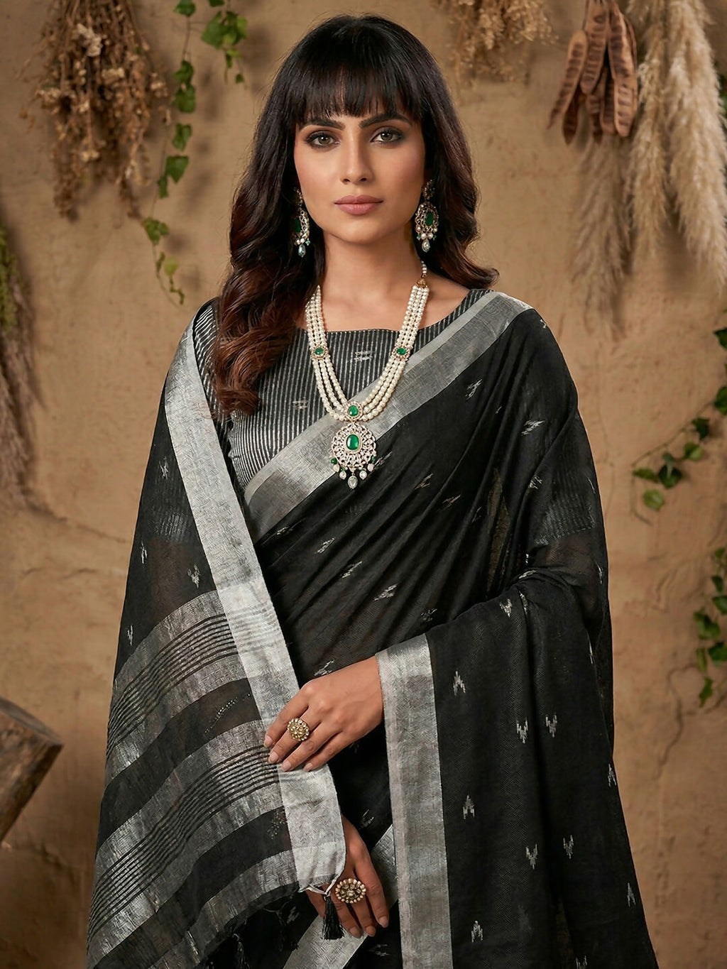 Black Linen Cotton Saree with Matching Blouse Piece