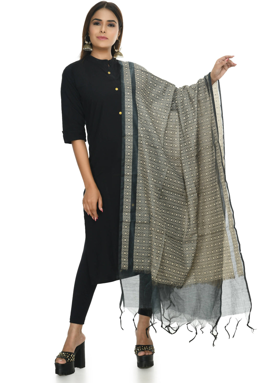 Grey Handloom Cotton Dupatta - Lightweight Breathable Ethnic Wrap