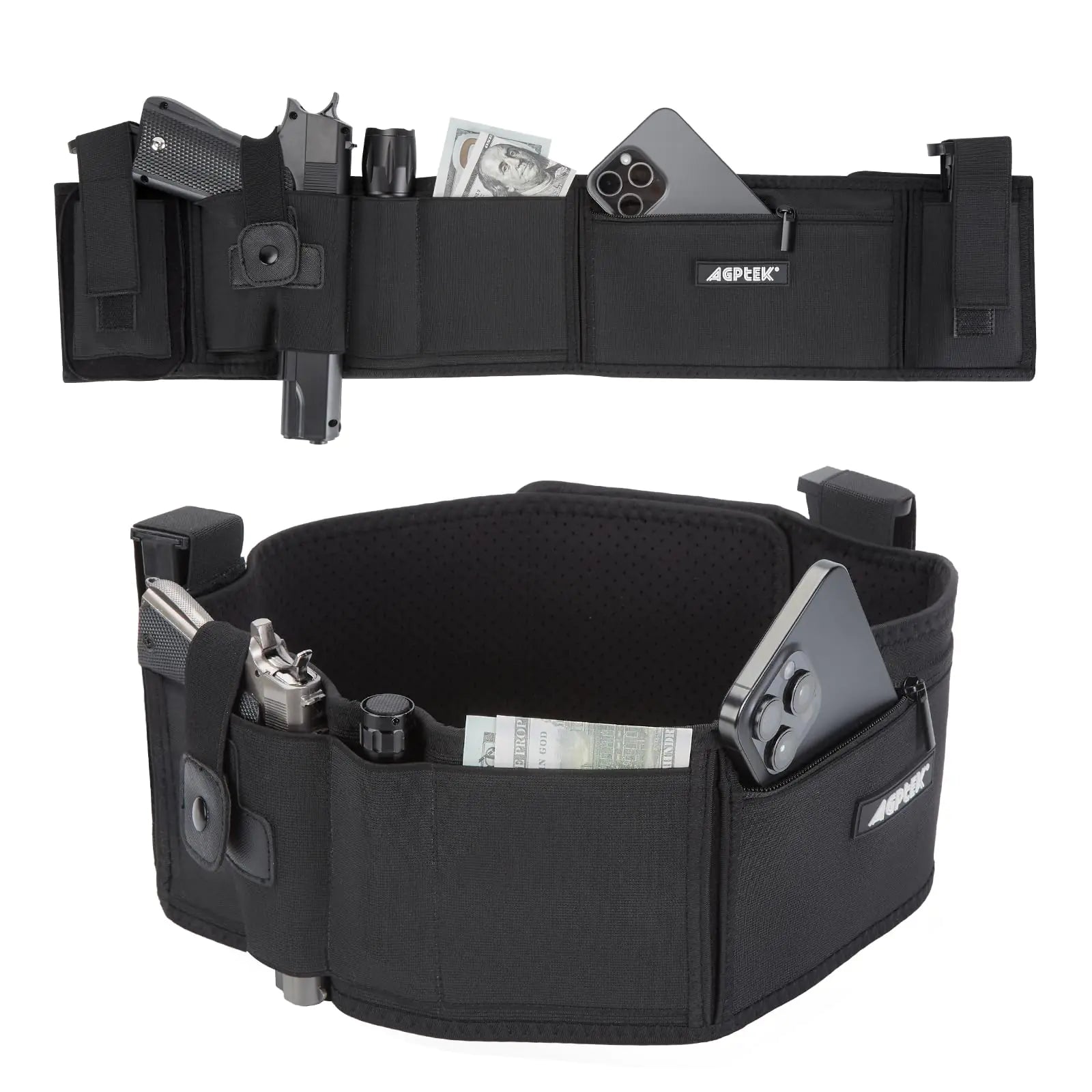 AGPTEK Belly Band Holster for Concealed Carry Holster with Zip Pocket & Removable Pouches – Adjustable for Adult Fits Most Pistols and Revolvers Perfect for Everyday Use Outdoor Activities(BlackM)