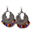Oxidized silver earrings with multi-color blue, yellow, red, and black beads