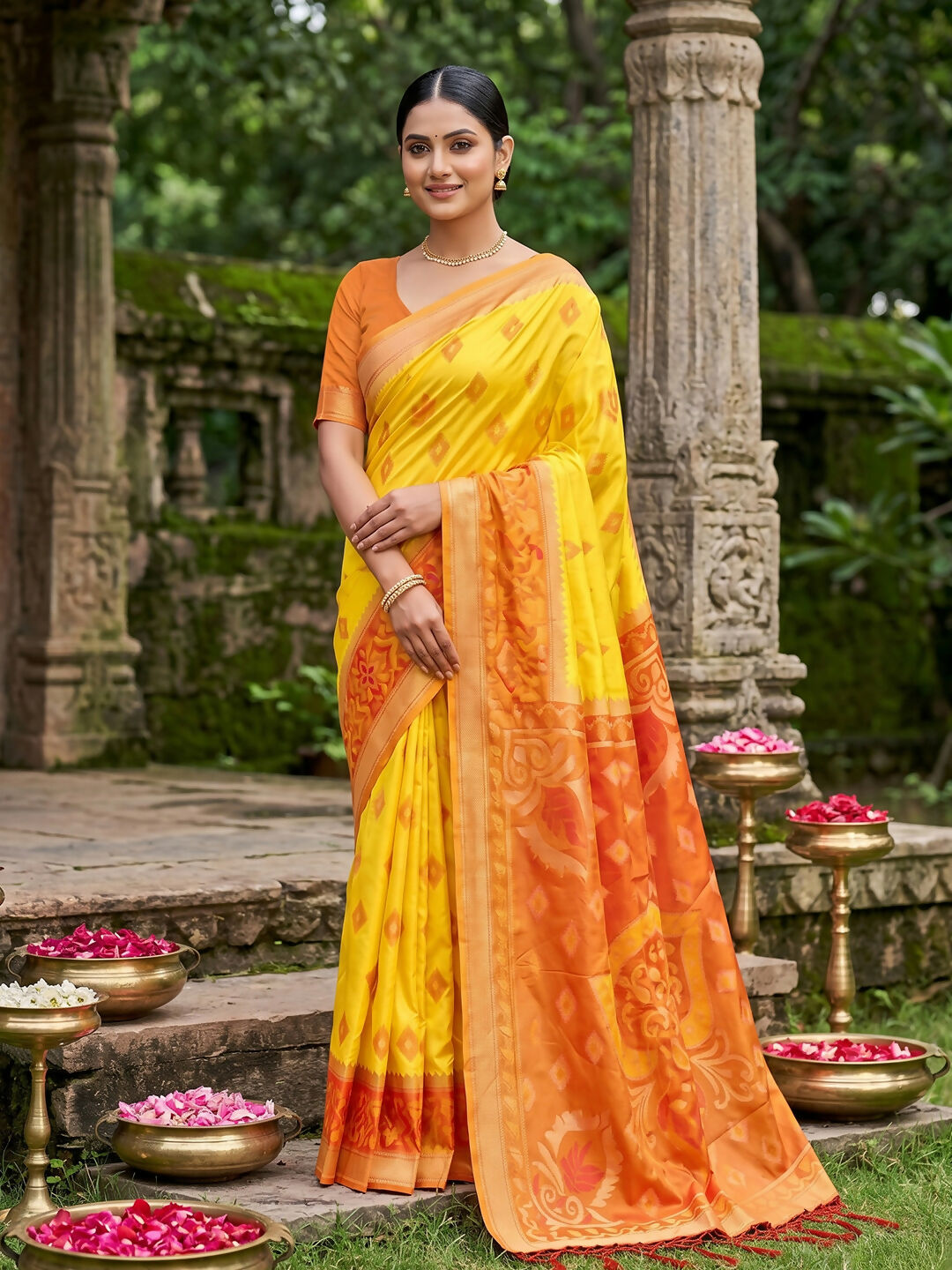 Yellow soft silk saree with coordinating blouse piece