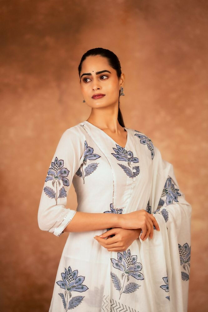Off White and Blue Hand Block Printed Cotton Suit Set