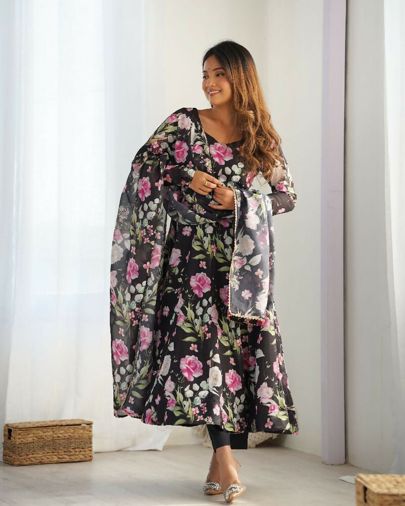 Black Organza Kurta Set with Sequin Embroidery and Cotton Bottom