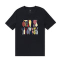 Close-up view of a soft cotton crew neck t-shirt featuring a geometric art print in subtle hues.