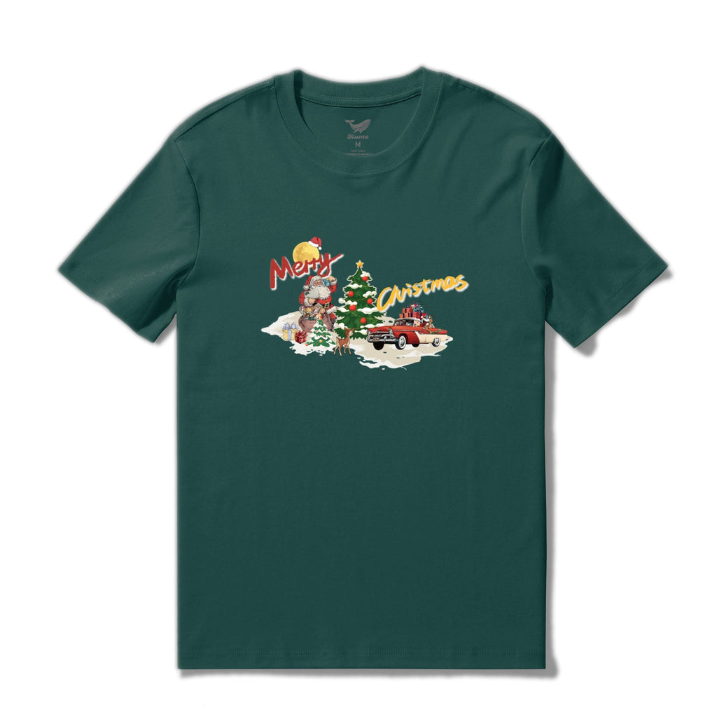 Dark green men's crew neck cotton t-shirt with a festive Christmas Eve graphic print.