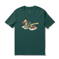 Dark green men's crew neck cotton t-shirt with a festive Christmas Eve graphic print.