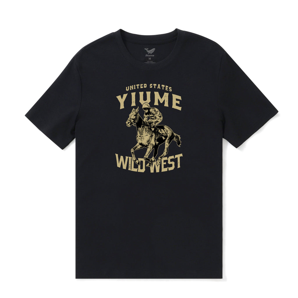 Men's Rodeo Rush graphic t-shirt featuring a cowboy celebrating a race win on a 100% cotton crew neck tee