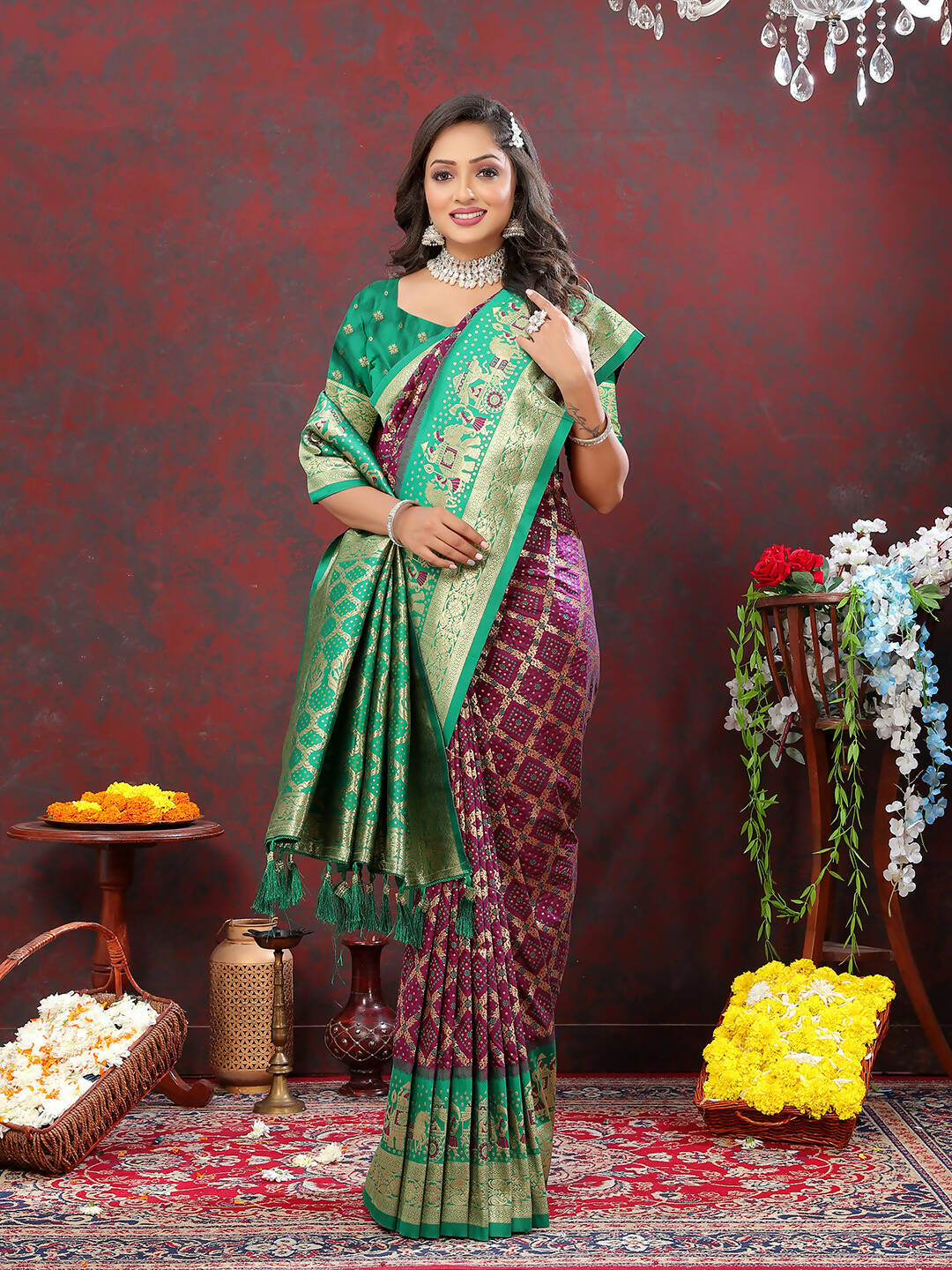 Wine & Green Patola Silk Saree with Meenakari Woven Design
