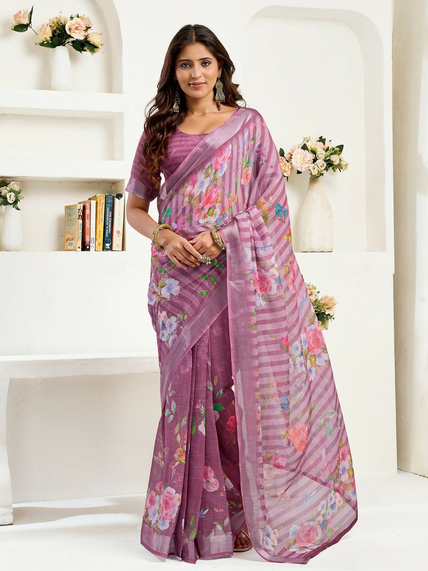 Dusty wine linen ready-to-wear saree featuring floral and striped patterns.