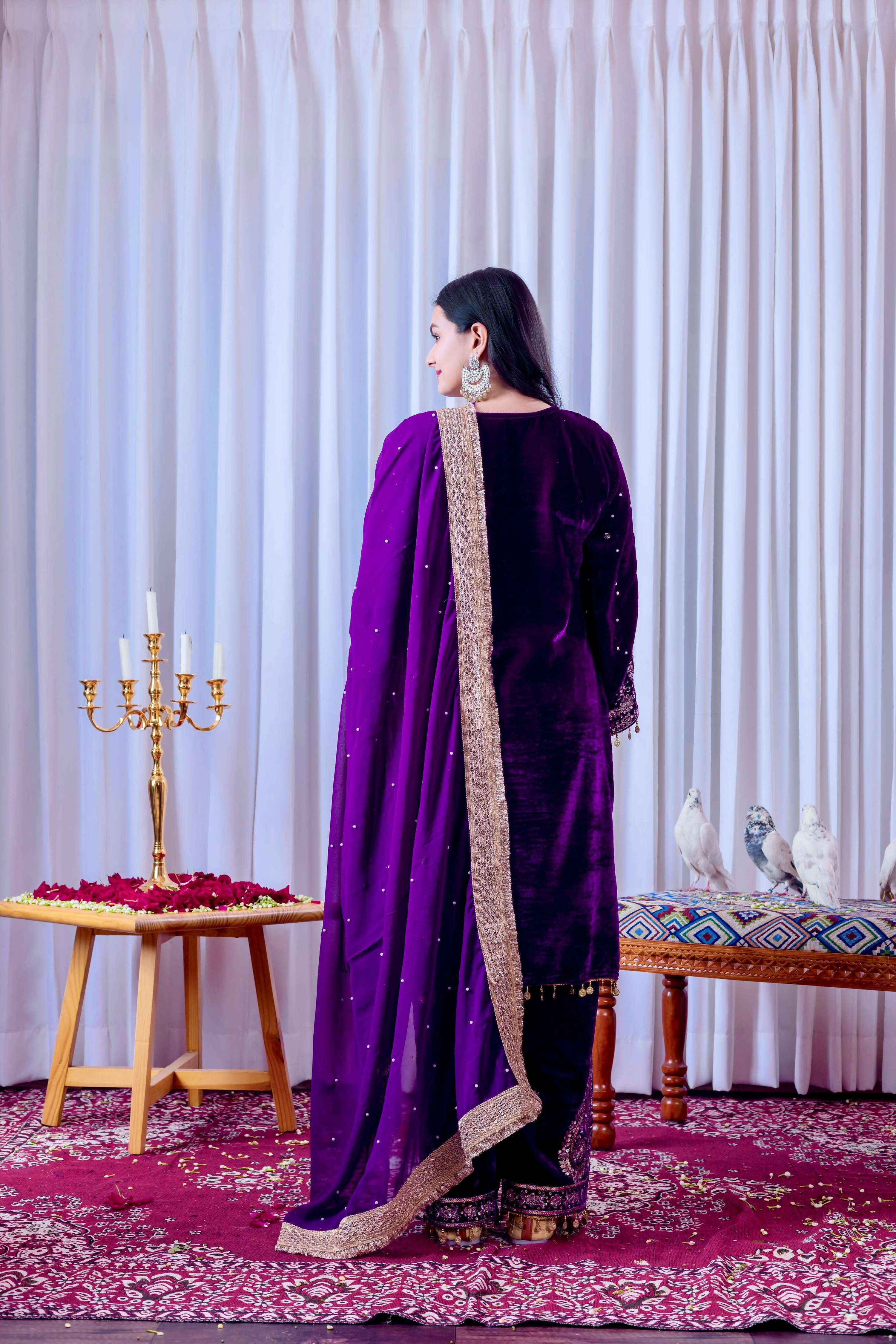 Royal Purple Velvet Embroidered Kurta Set