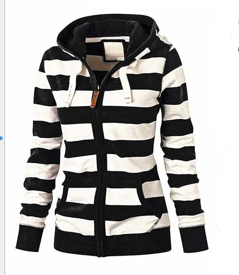 Women's Black and White Striped Zip-Up Hoodie Sweatshirt - Image 36